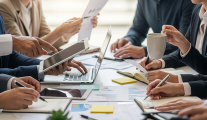 Dynamic business meeting showing hands using devices and writing, focusing on collaborative work.