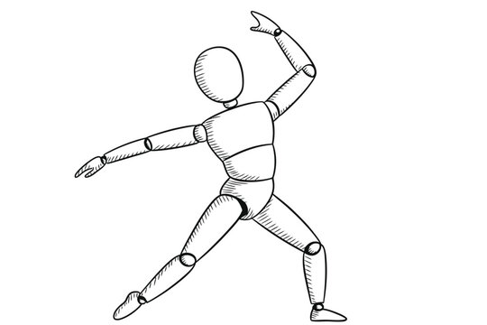 Wooden Mannequin in Dynamic Pose Hand Drawn Style Isolated on White
