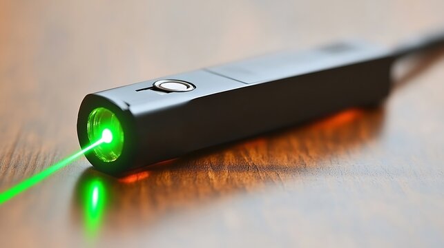 Portable laser pointer resting on a wooden surface.