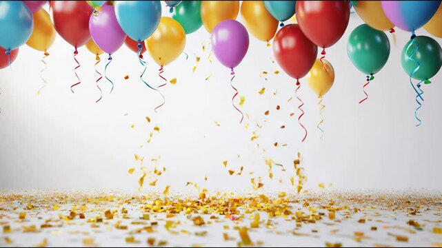 Vibrant celebration with floating balloons and falling confetti in festive atmosphere.