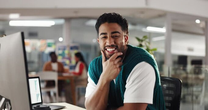 Graphic designer, internship or computer with face of man in office for branding, research and planning. Learning opportunity, smile and online campaign with person in creative agency for logo design