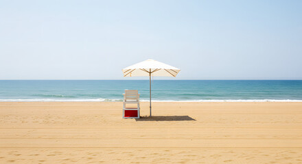 Minimalist Beach Scene with Lifeguard Chair and Umbrella







