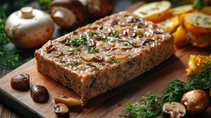 Delicious mushroom pate or terrine displayed on wooden board with garnish detail