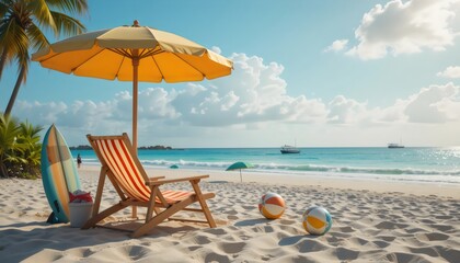 Tropical Beach Scene with Chair, Umbrella, Surfboards, Beach Balls, and Soccer Ball – Summer Vacation Fun, Sandy Coastline, and Relaxing Seaside Vibes