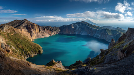 Stunning Volcanic Crater Lake with Turquoise Water and Mountain Surroundings