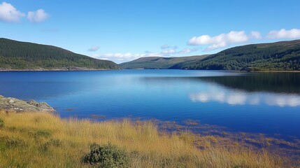 Serene lake reflecting a clear blue sky and rolling hills under fluffy white clouds; calm water, golden grasses at the foreground
