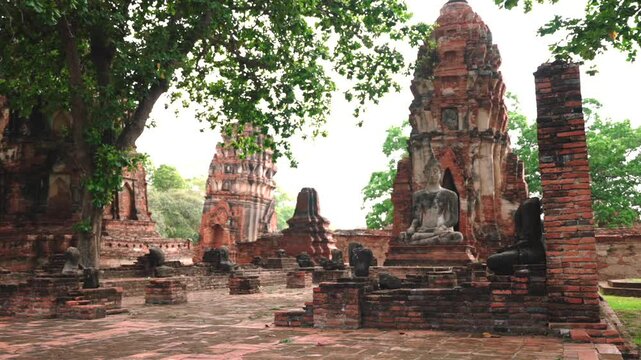 Iconic Buddha Statue at Ancient Brick Prang in Ayutthaya. Wat Mahathat Historic Temple Complex
