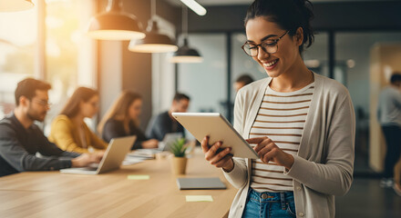 Happy businesswoman using tablet in modern office teamwork collaboration success technology innovation digital marketing startup