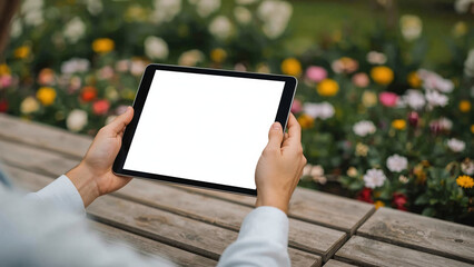 Hands Holding Tablet with Blank Screen in Natural Outdoor Setting for App Mockup or UI Presentation
