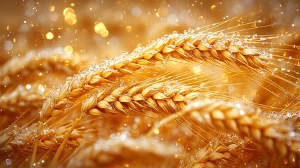 Golden wheat stalks covered in glistening dew drops.