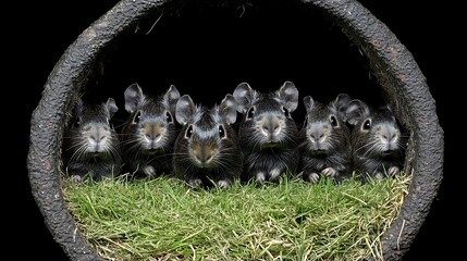 Small, dark-gray rodents nestled in a grassy hollow.