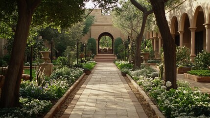 Fototapeta premium Serene pathway through a sun-drenched Mediterranean-style courtyard garden, featuring stonework, archways, and lush flowering plants