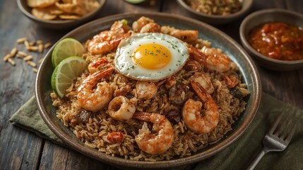 A flavorful plate of seafood fried rice (nasi goreng seafood) featuring golden-brown rice stir-fried with shrimp, squid, and fish slices, infused with garlic, chili, and sweet soy sauce.