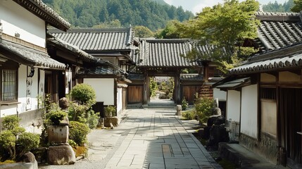 Fototapeta premium Serene pathway through traditional Japanese architecture, lined with buildings, lush greenery, and stone sculptures, leading to a wooden gate