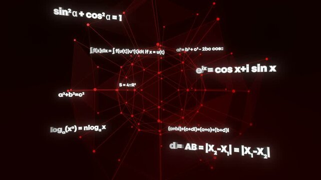 3d animation of a digital network showing frequently used math equations