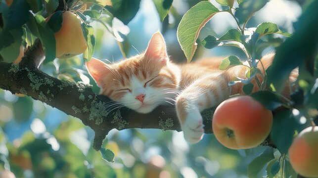 A slumbering feline companion finds rest amongst the apple tree's branches