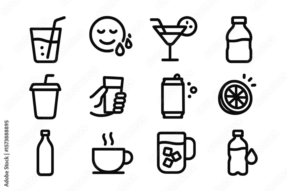 Poster set of linear drink icons featuring beverages in black with minimalistic style