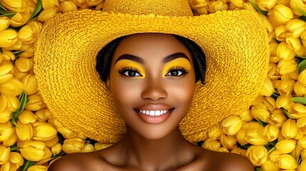 A woman wearing a yellow straw hat surrounded by yellow tulips.