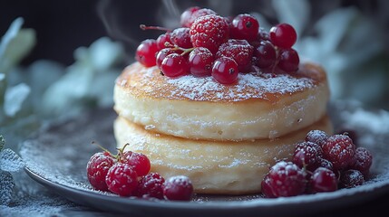 Stack of fluffy pancakes topped with fresh berries and powdered sugar.