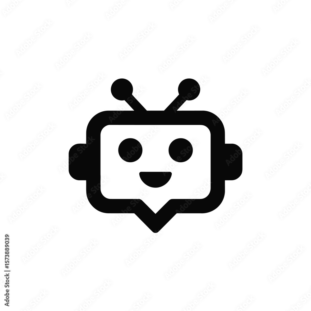 Poster cute robot chatbot icon with antennae and smiling face