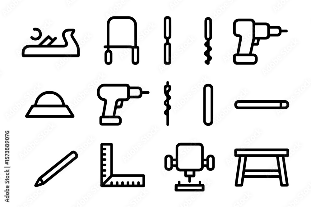 Poster outline icons of woodworking tools on dark background with linear design