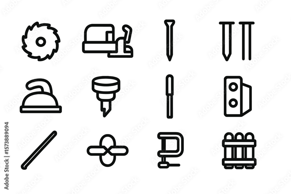 Poster set of linear tool icons on dark background for construction and carpentry