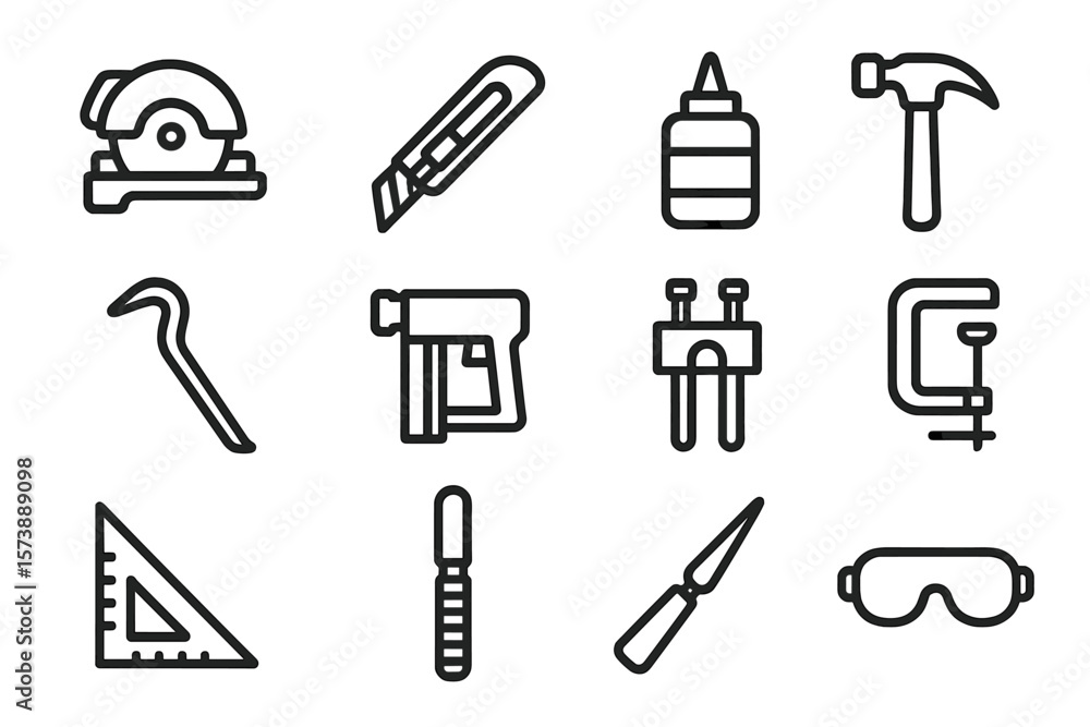 Poster set of construction tool icons on dark background for diy and carpentry projects