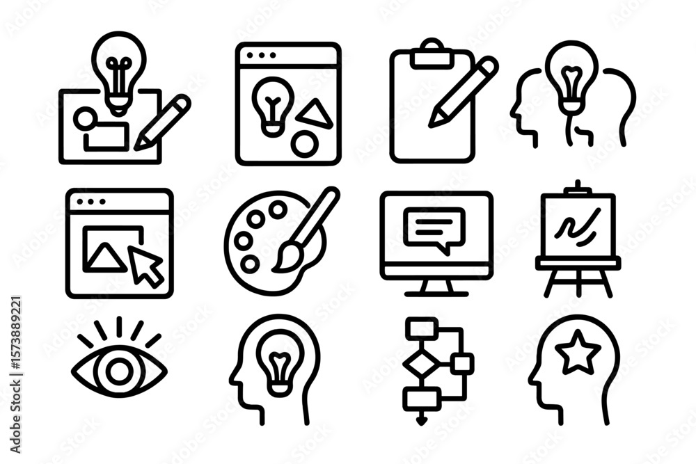 Aufkleber creative design icons set with outline style for digital tools and concepts