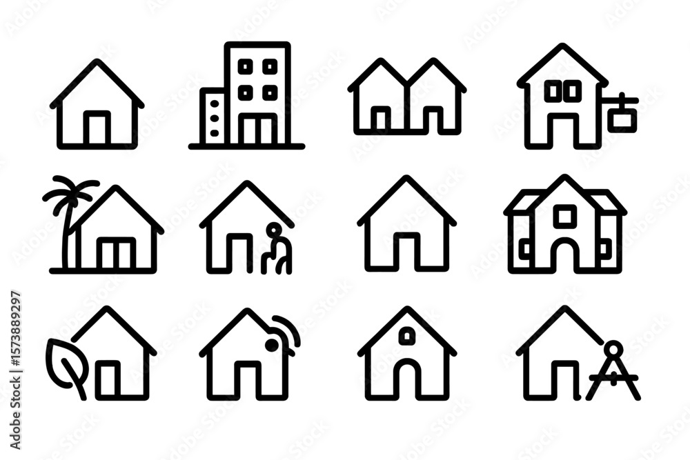 Aufkleber minimalist linear icons of various home shapes and styles on dark background