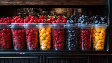 Assortment of fresh berries in clear plastic containers.