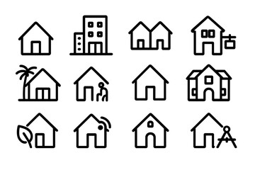 Minimalist linear icons of various home shapes and styles on dark background