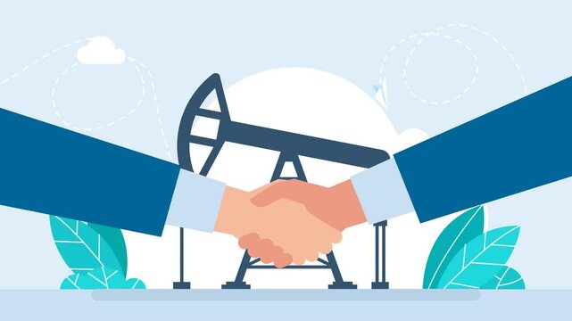 Agreement for the extraction of petroleum. Handshake of two businessmen against the background of a oil rig and pipeline. Oil Industry Production Partnership with Handshaking. 2d flat animation	