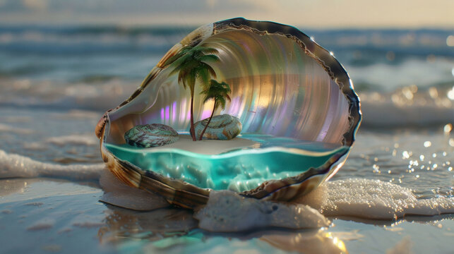 A tropical beach inside a giant, open clam shell	A surreal, miniature tropical beach with palm trees and turquoise water is contained entirely within a giant, open, glowing clam shell.
