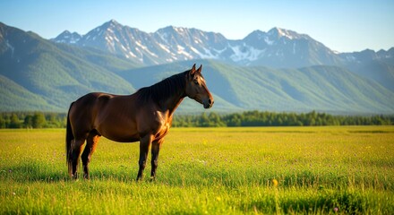 Obraz premium Beautiful brown horse standing in green meadow with mountain range in background – peaceful countryside scene.