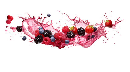 Fresh mixed berries create a vibrant splash of juice against a black background, ideal for food and beverage designs.
