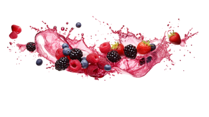 Fresh mixed berries create a vibrant splash of juice against a black background, ideal for food and beverage designs.