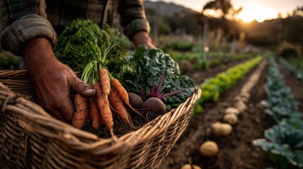 Weather-worn hand reaching into woven basket with freshly harvested carrots, beets, and leafy greens in a well-tended garden bathed in warm golden sunlight, serene rural setting.