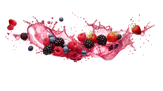 Fresh mixed berries create a vibrant splash of juice against a black background, ideal for food and beverage designs.