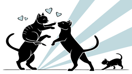 International cat day 8 August 2025 , Group of black cat silhouettes in love and happy mood playing in blue white background vector illustration