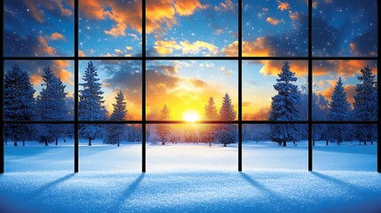 Winter sunrise seen through a window with snow-covered trees.