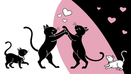 International cat day 8 August 2025 , Group of black cat silhouettes in love and happy mood playing  in pink white background vector illustration 