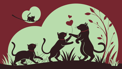 International cat day 8 August 2025 , Group of black cat silhouettes in love and happy mood playing in red green background vector illustration