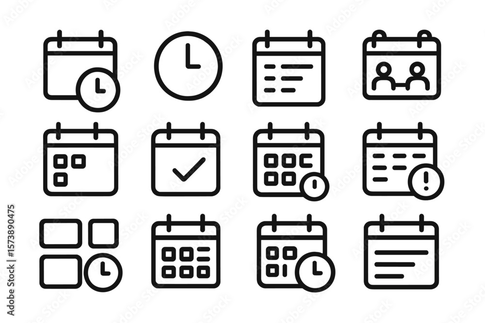Poster modern linear calendar and clock icons set with minimalist style for scheduling and planning
