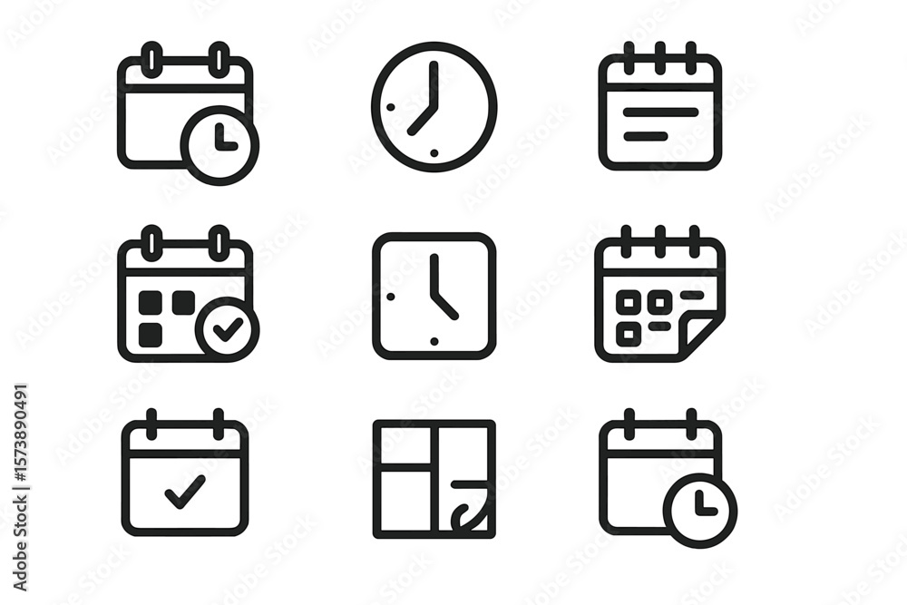 Poster minimalist calendar and clock icons set on dark background