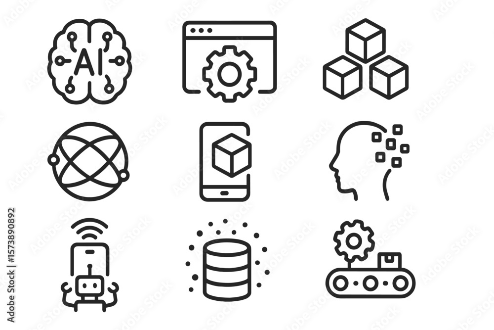 Poster technology icons set featuring ai, automation, and data concepts in linear style