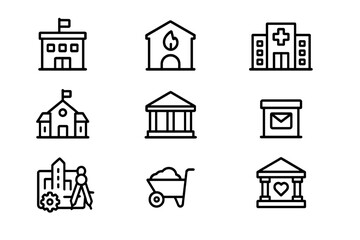 Minimalist icon set of public buildings on black background