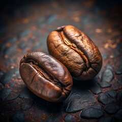 Macro close-up of two roasted coffee beans on a dark background, emphasizing their rich brown tones, textured surface, and natural imperfections