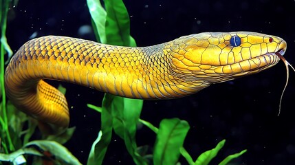 Close-up of a yellow snake with dark scales.