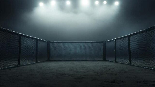 Empty fighting cage under spotlights in a smoky arena