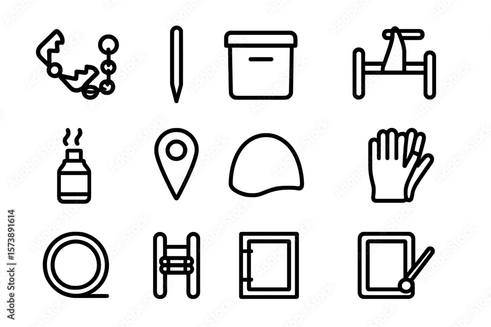 Poster construction and tool icons set in linear style with dark background